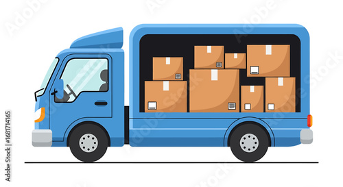 Blue box truck filled with cardboard shipping boxes