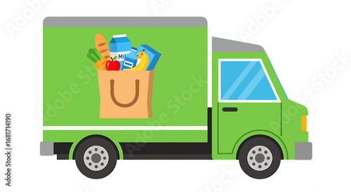 Green delivery truck with groceries and shopping bag