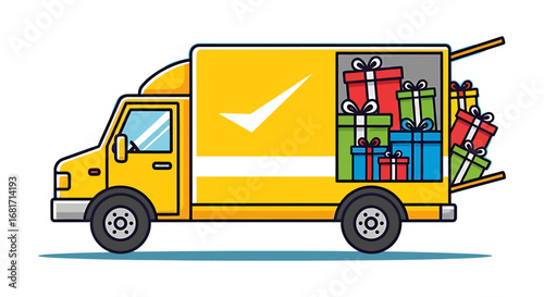 Yellow delivery truck loaded with gift boxes, ready for distribution and delivery
