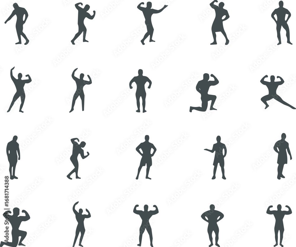 Naklejka premium Bodybuilding silhouette, fitness poses, muscular figure, gym workout, strength training, flexing biceps, athletic stance, black icons, exercise motion, male physique