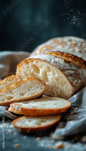 Freshly Baked Artisan Bread Loaf With Sliced Pieces on a Dark Surface.