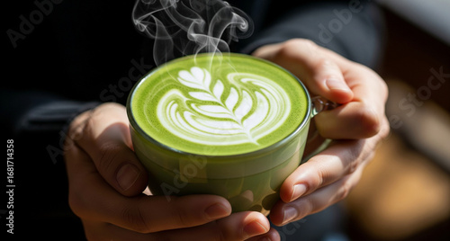Person holding a green matcha latte with artistic foam design in a mug