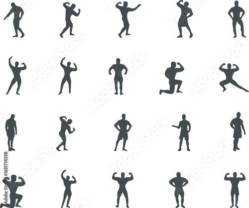 Bodybuilding silhouette, fitness poses, muscular figure, gym workout, strength training, flexing biceps, athletic stance, black icons, exercise motion, male physique