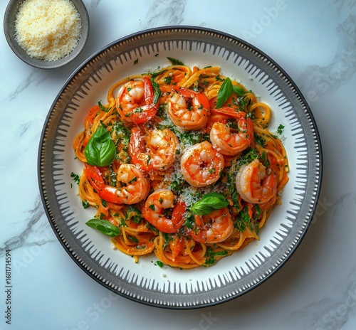 Shrimp Pasta With Fresh Basil and Parmesan Served on a Stylish Plate