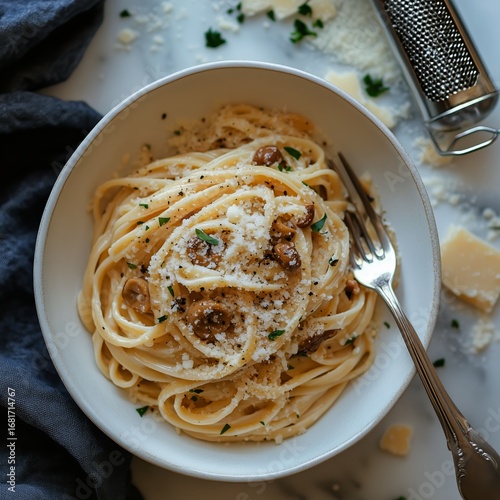 Delicious Spaghetti With Parmesan and Black Pepper Served in a White Bowl on ...