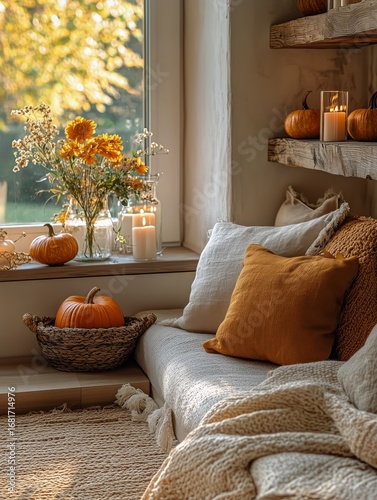 Cozy Autumn Corner With Pumpkins and Warm Sunlight in a Serene Interior Setting