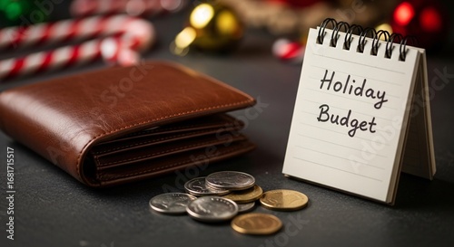 Brown leather wallet coins and notepad displaying holiday budget amidst festive decorations