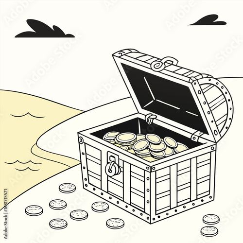 Open Treasure Chest Filled With Coins On A Sandy Beach With Ocean Waves gold money