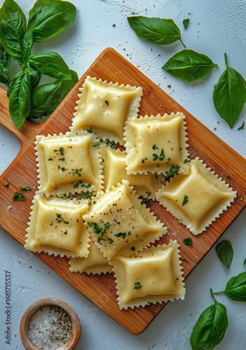 Freshly Made Ravioli Arranged on a Wooden Board With Herbs and Spices.