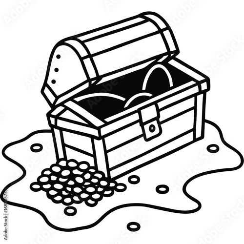 Open treasure chest filled with coins on a wet sandy ground with scattered coins money gold