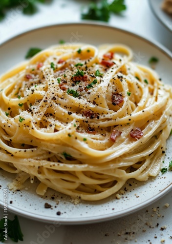 Creamy Pasta With Tomatoes and Herbs Served in a Rustic Bowl on a Marble Table.