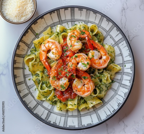 Delicious Shrimp Pasta Served With Fresh Herbs and Marinara Sauce on a Patter...