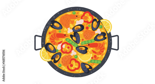 Top view illustration of a delicious Spanish seafood paella dish in a traditional pan with mussels, prawns, peppers, and lemon slices, perfect for celebrations and cultural events.