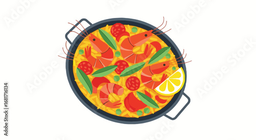 Delicious Spanish Paella Dish in Pan. Seafood and Vegetable Illustration for National Day of Spain, Hispanic Heritage.