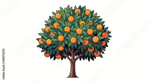 Vibrant orange tree illustration with ripe fruits and lush green leaves, a perfect asset for Spanish National Day celebrations and Mediterranean themes.