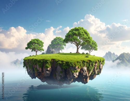 Floating island, mist and surreal landscape: Surreal island floats tranquilly in serene landscape, an ethereal escape into nature beauty and peaceful wonders