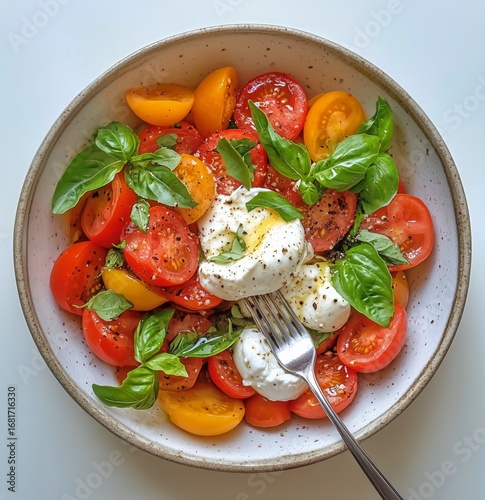 Fresh Tomato and Basil Salad With Creamy Burrata Cheese on a White Background