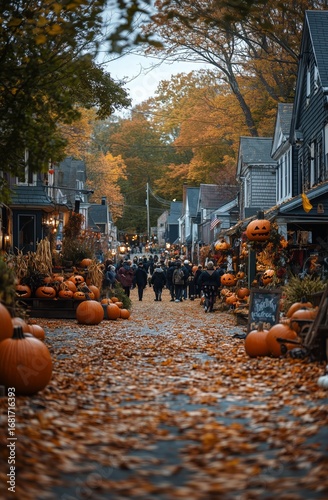 Charming Autumn Street Lined With Pumpkins and Fallen Leaves in Small Town Du...