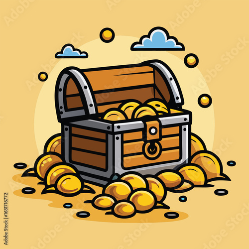 Open Treasure Chest Overflowing With Gold Coins And Clouds vector illustration