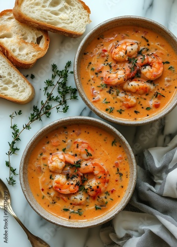 Delicious Shrimp Bisque Served in Bowls With Crusty Bread on a Marble Surface