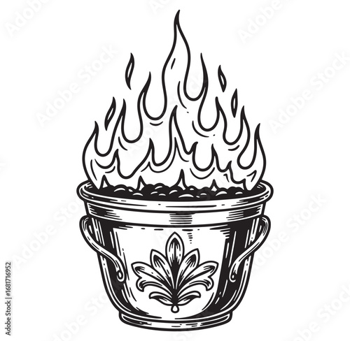 Vintage black and white illustration of a burning brazier with decorative elements