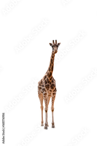 Photography A tall giraffe stands calmly isolated on white with clipping path