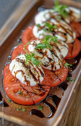 Fresh Mozzarella and Tomato Salad With Basil Drizzled With Balsamic Glaze on ...