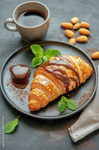 Croissant With Chocolate Drizzle and Drink Served on Plate With Almonds and M...