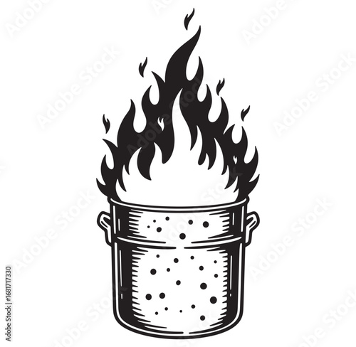 Vintage illustration of a cooking pot over flames representing culinary heat and recipe