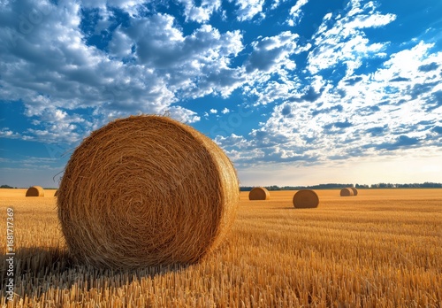 Golden Hay Bales Scattered in a Sunny Field Under a Blue Sky.