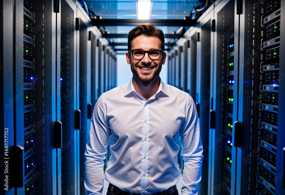 Fototapeta premium Professioneller Mann in Rechenzentrum mit Servern