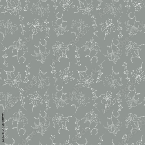 Seamless pattern with white lilies on grey background. Cute ornament for wallpaper, fabric, card.