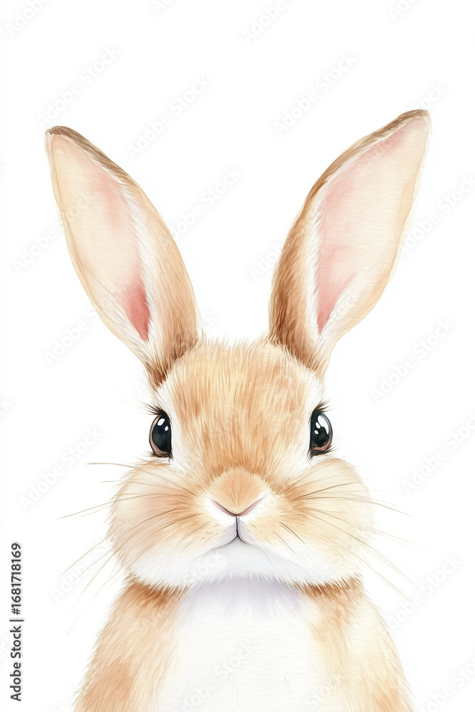 Fototapeta premium A cute, curious bunny rabbit with long ears and expressive eyes, captured in a watercolor illustration. 