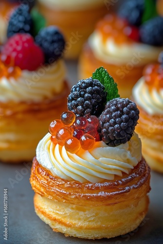 Sweet Pastry Stacks Topped With Fresh Berries on a White Background.