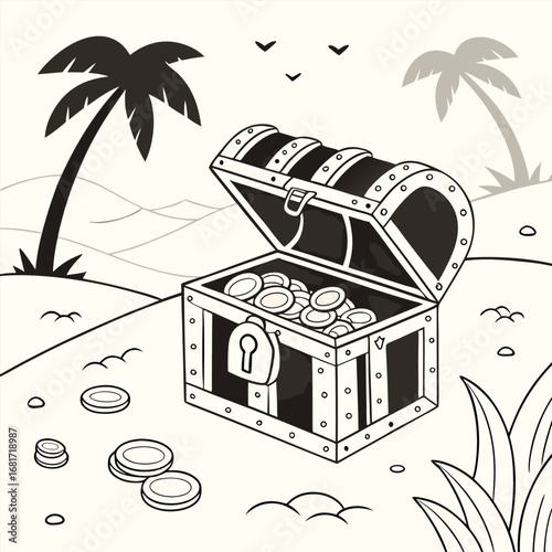 Open Treasure Chest With Coins On Tropical Beach With Palm Trees And Birds gold money