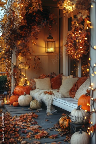 Cozy Autumn Porch With Warm Lights and Pumpkins During Sunset.