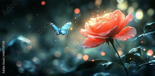 Colorful Butterfly Flutters Near a Blooming Rose in a Serene Garden During Tw...
