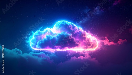 Neon Glowing Cloud in Dark Sky Representing Digital Technology and Cloud Computing Concepts.