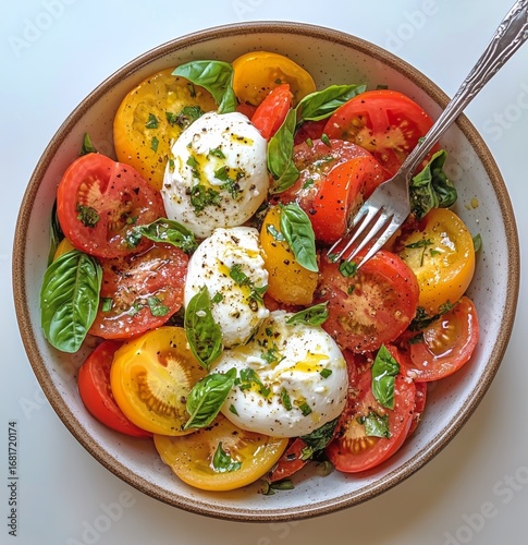 Fresh Salad With Tomatoes, Basil, and Creamy Cheese in a Vibrant Bowl