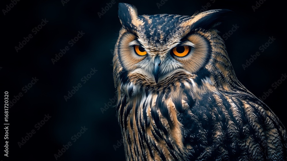 Obraz premium Majestic owl perched on a branch forest closeup photography wildlife nature serene environment eye-level perspective