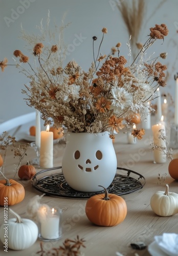 Decorative Autumn Centerpiece Featuring Flowers and Pumpkins for Seasonal Cel...