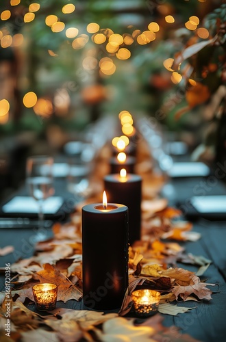 Candlelit Outdoor Dining With Autumn Leaves and Fairy Lights at a Garden Sett...