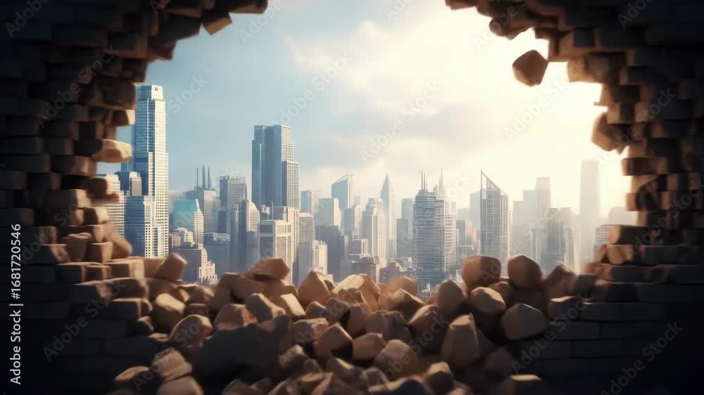 Cityscape revealed through dramatic wall collapse transformation sequence