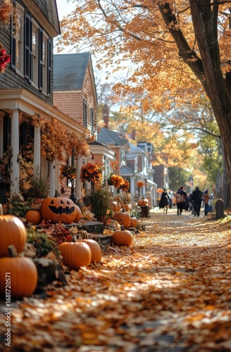 Charming Autumn Street Lined With Pumpkins and Fallen Leaves in Small Town Du...
