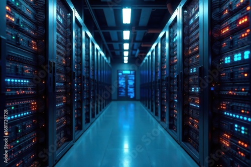 Secure server room with rows of hard drives, network cables, and blinking lights, ensuring data safety and business continuity , information security, database, backup