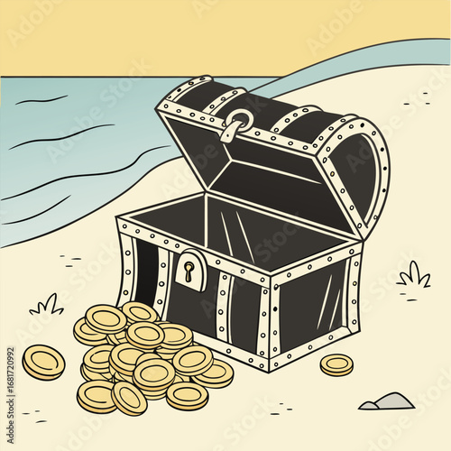 Overflowing Treasure Chest With A Pile Of Gold Coins On The Shore open money