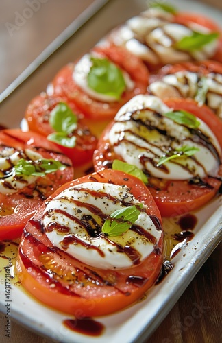 Delicious Caprese Salad With Fresh Mozzarella and Tomatoes Served on Wooden B...