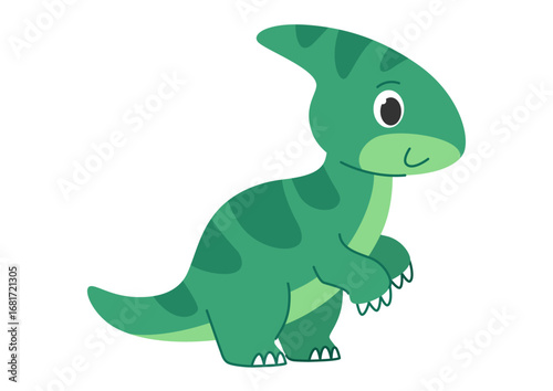 Childrens cartoon dinosaur parasaurolophus. Cute green striped dinosaur. Cute little prehistoric animal. Vector illustration.