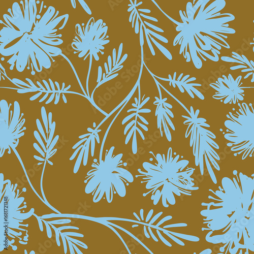 Seamless delicate trendy linear floral vector vintage ink retro style. Branches leaves elements grass pattern handmade for decoration, textiles, postcards, print design blue on brown background
