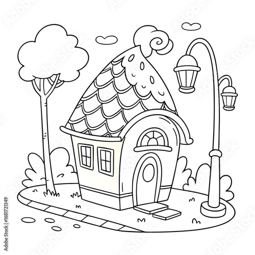 Kawaii style cartoon cupcake house with street lamp line art vector illustration